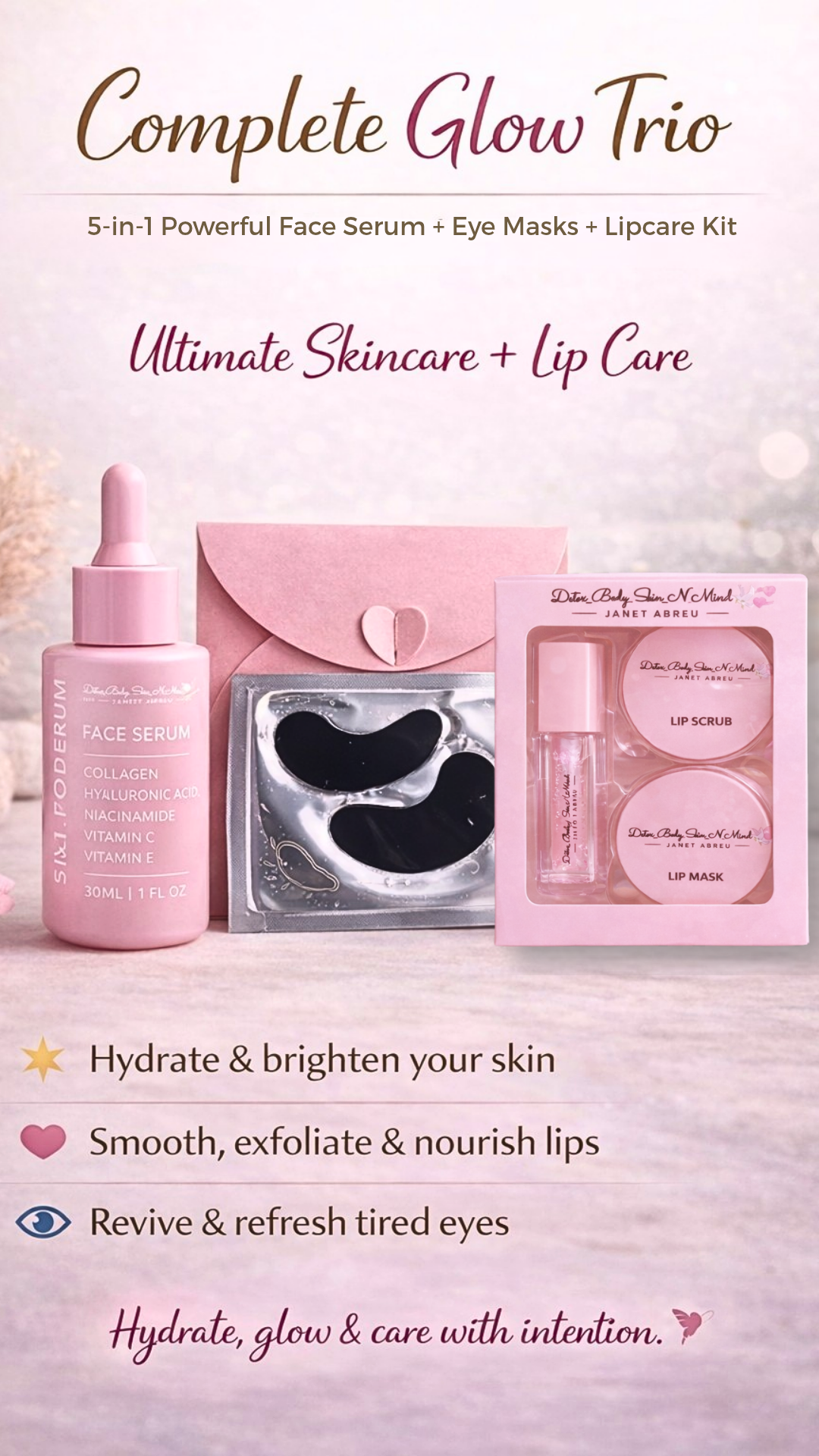 β¨ Complete Glow Trio 5-in-1 Powerful Face Serum + Eye Masks + Lip Care Kit
