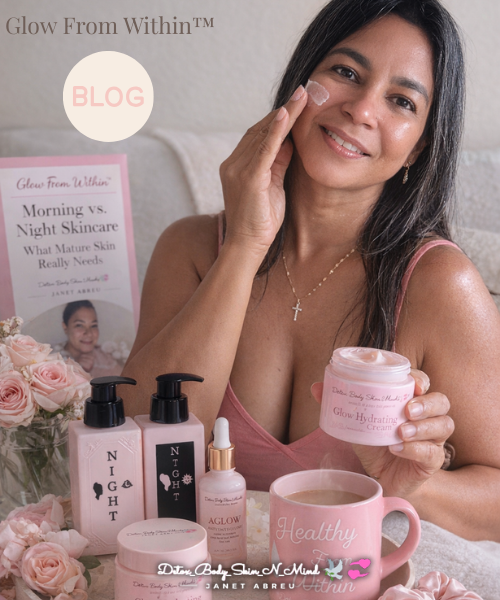 Woman practicing an intentional morning and nighttime skincare routine using gentle application and skincare tools.